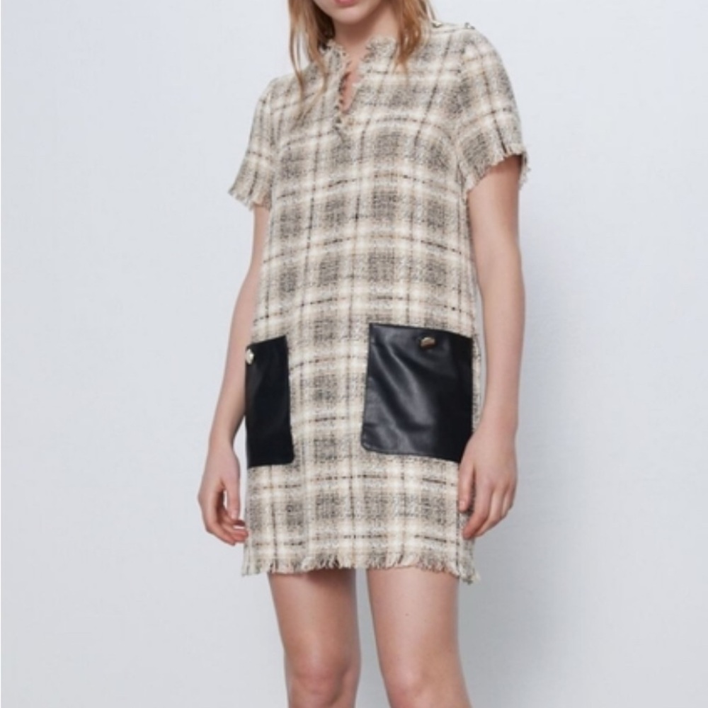 Zara Plaid Short Sleeve Dress with Black Accents